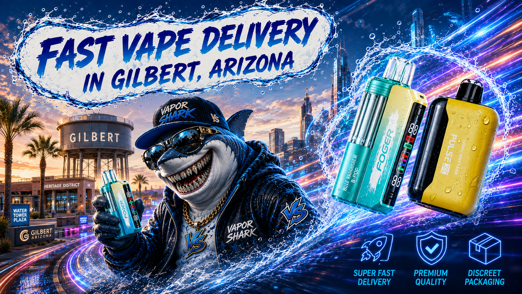 Green Foger and silver Geek Bar Pulse vape devices with glowing energy effects beside Vapor Shark character over Gilbert city backdrop.