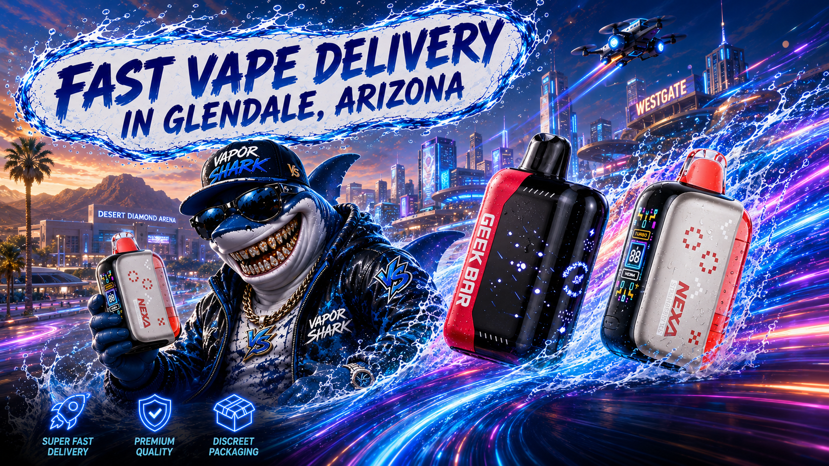 Blue Geek Bar and silver Nexa vape devices with glowing energy effects beside Vapor Shark character over Glendale city backdrop.