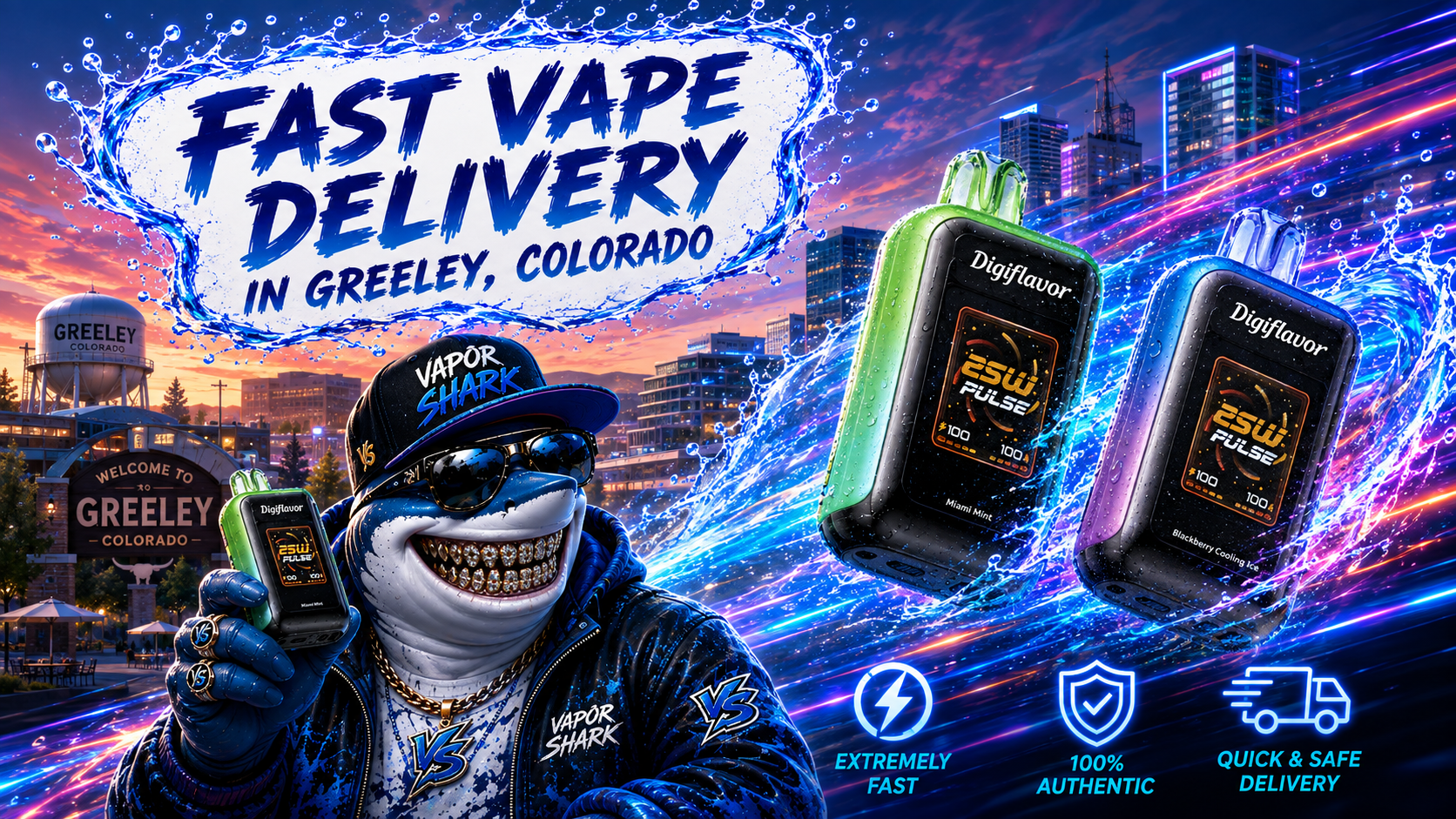 Digiflavor ESW Pulse vape with Miami Mint and Blackberry Cooling Ice flavors displayed beside Vapor Shark mascot.