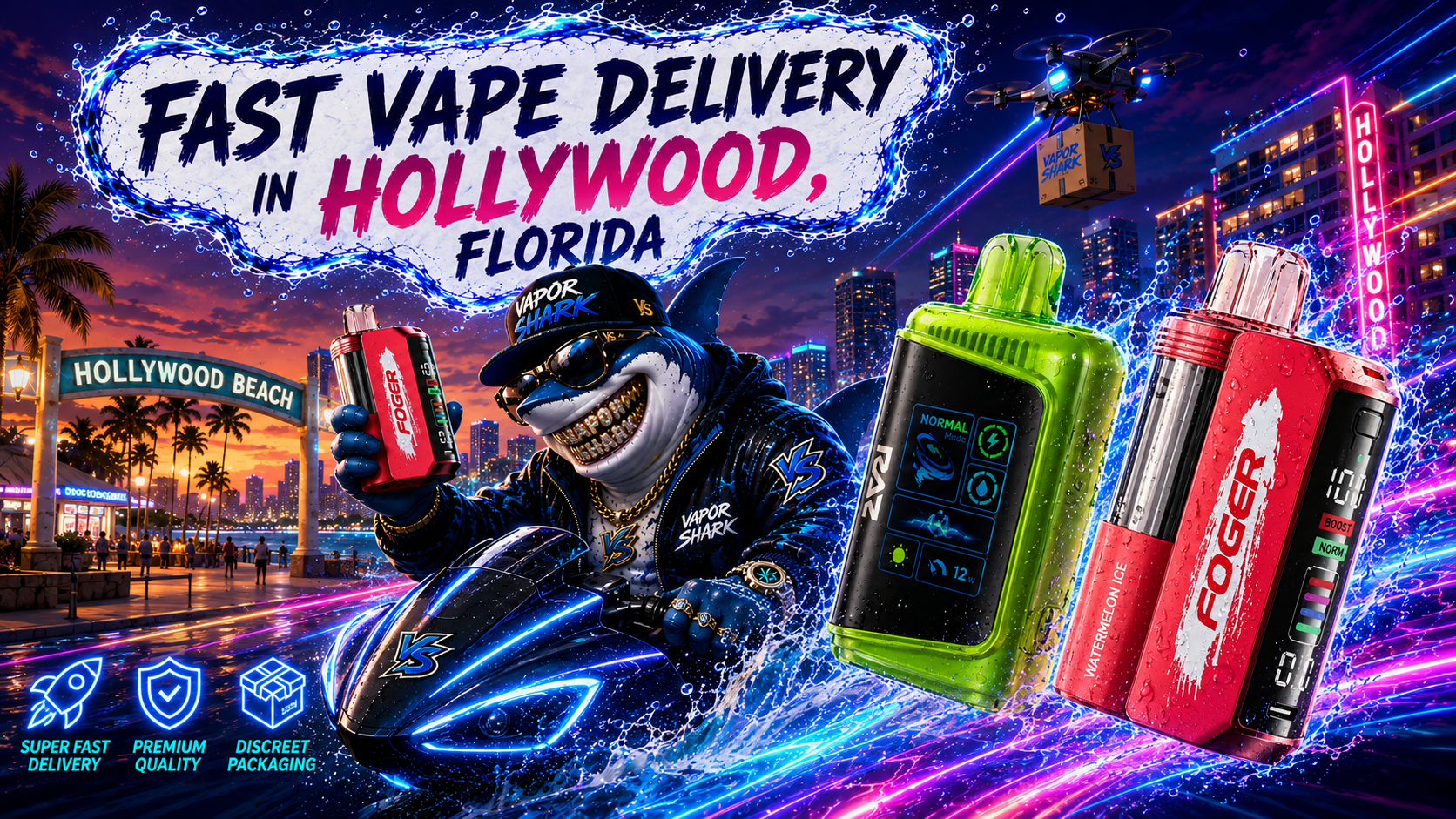 FOGER Watermelon Ice red vape device with RAZ green model highlighted by neon splash effects against Hollywood city backdrop.
