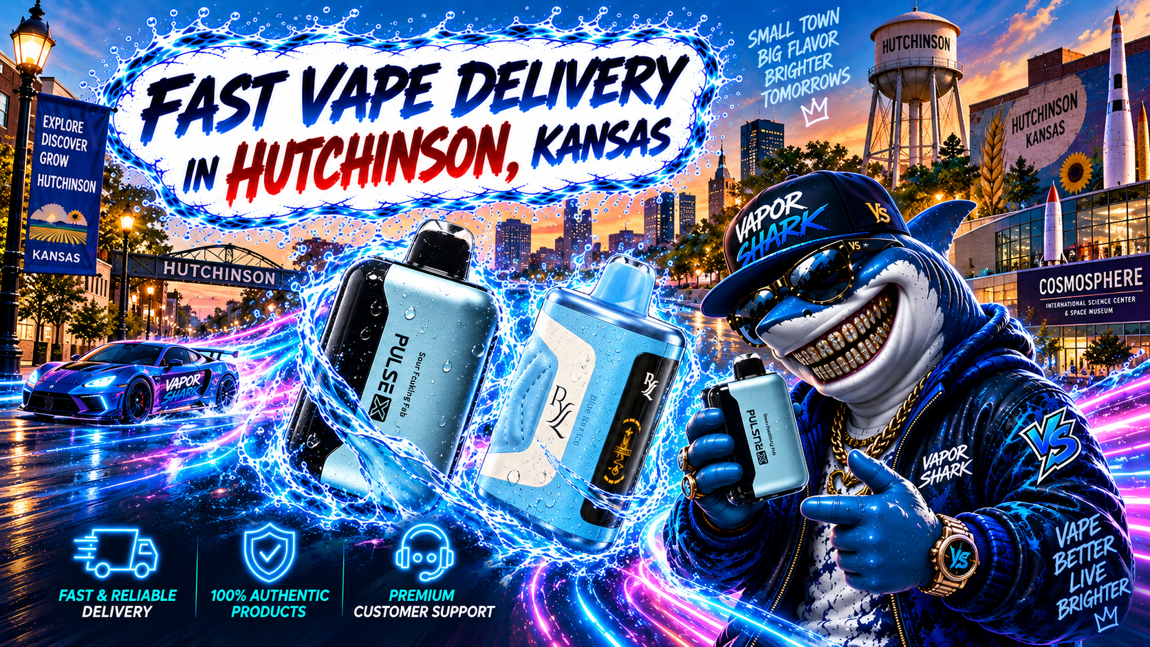 Pulse X vape device with Vapor Shark branding, displayed in Hutchinson Kansas promotion.