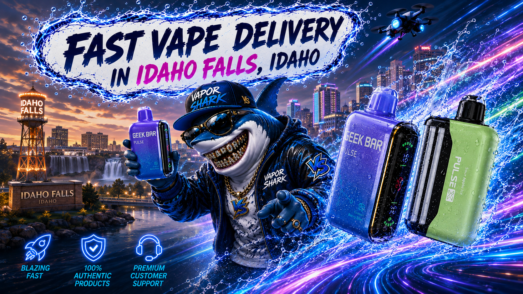 GEEK BAR PULSE with bold purple and green vape devices highlighted against vibrant Idaho Falls city and waterfall backdrop.
