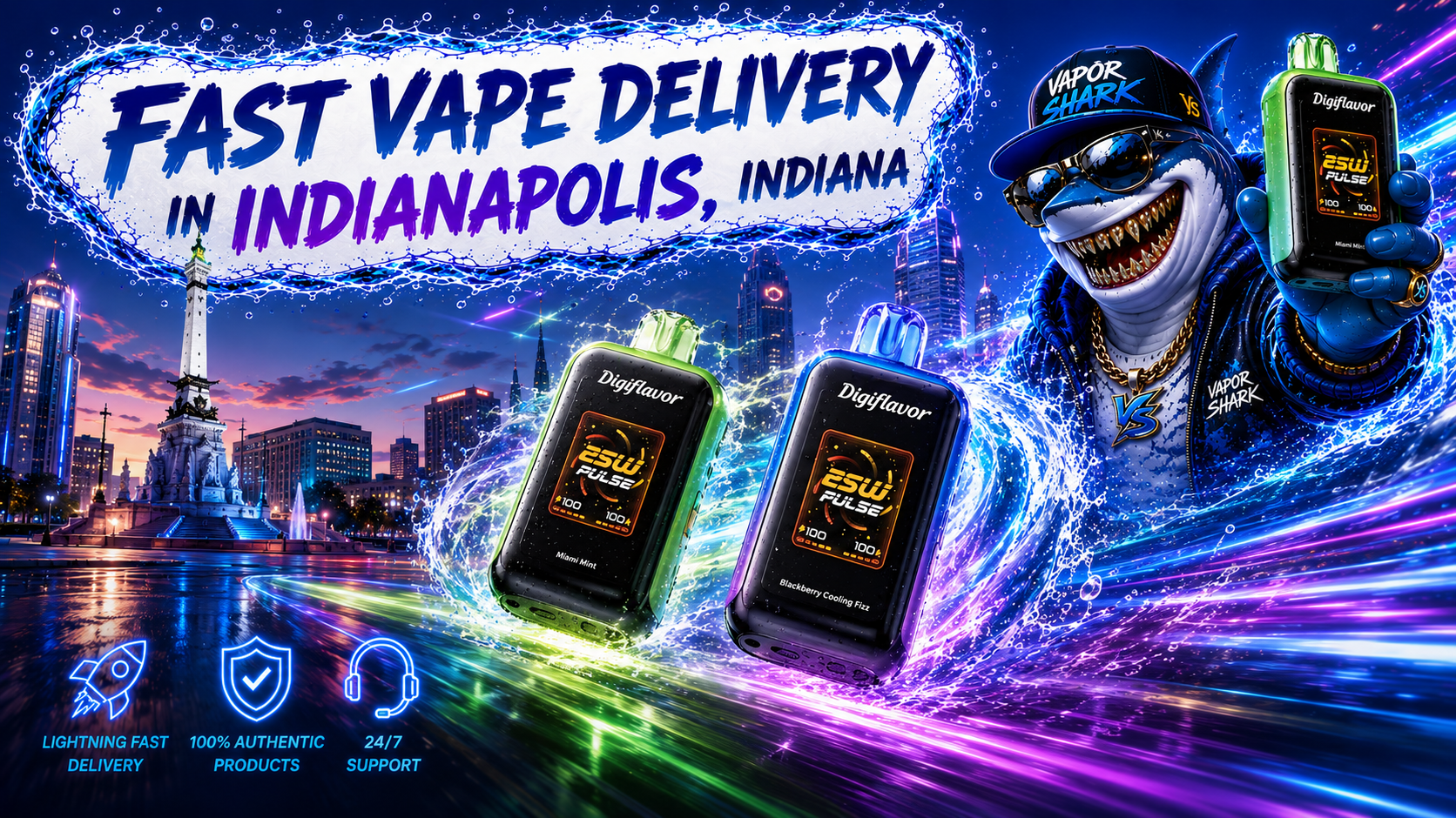 Digiflavor 25W Pulse Miami Mint and Blackberry Cooling Fizz vape devices with Indianapolis city backdrop