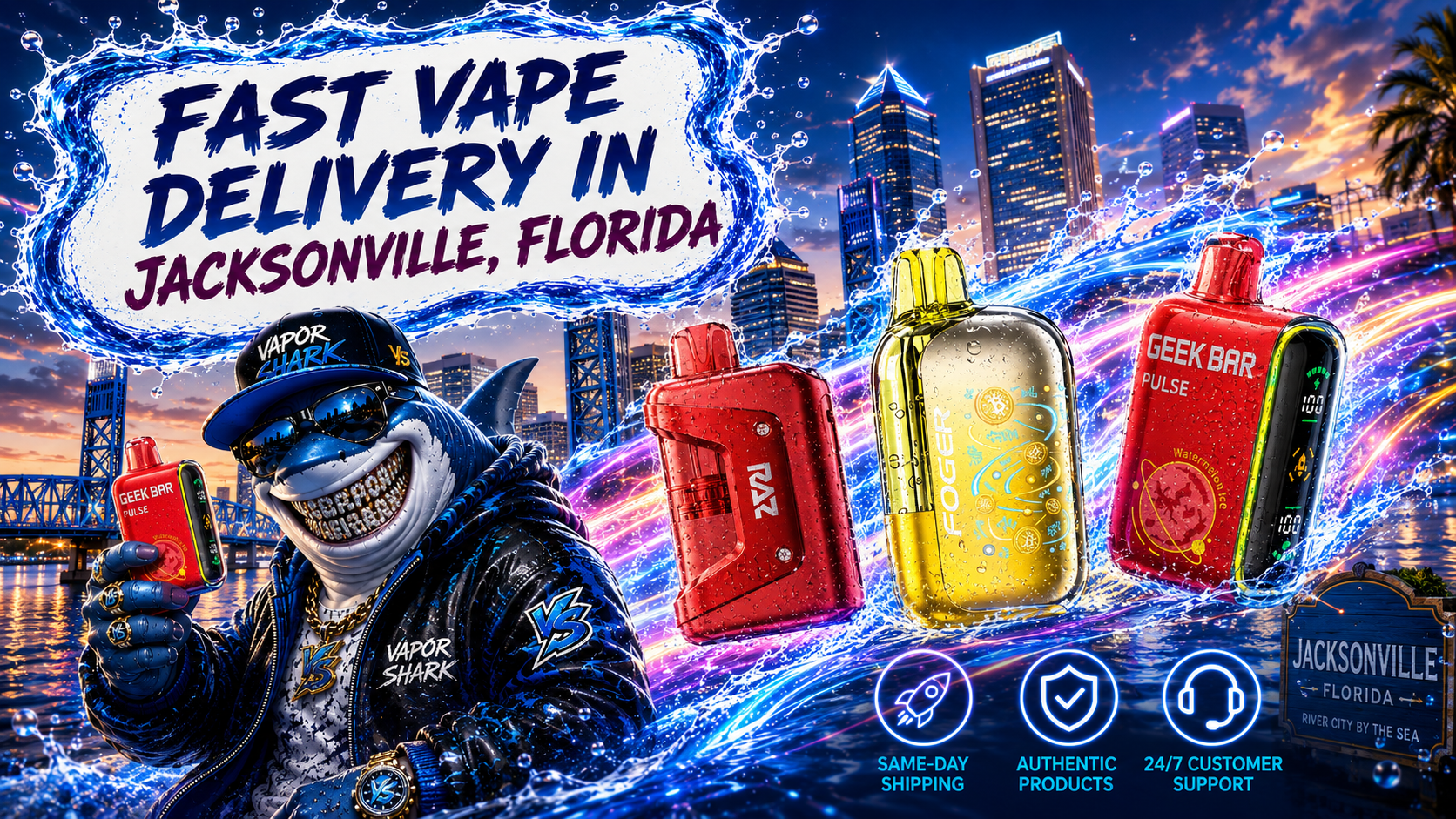 GEEK BAR PULSE red vape device with RAZ and FOGER models highlighted by neon splash and water effects.