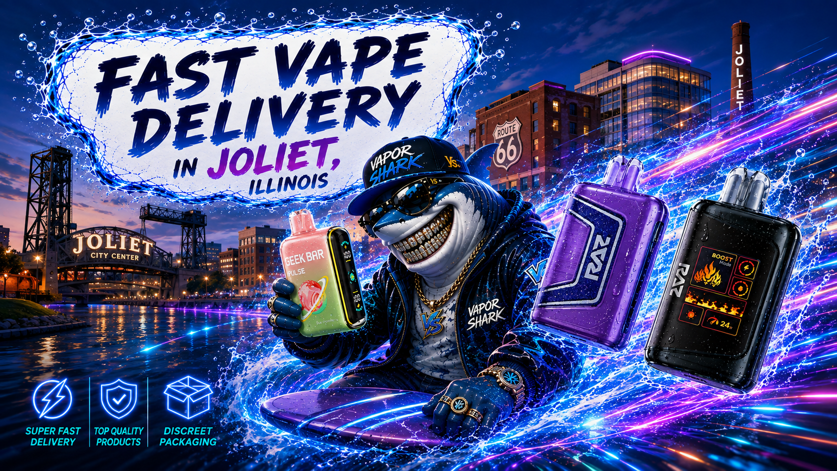 RAZ vape devices with bold neon accents alongside red Geek Bar Pulse in Joliet city backdrop.