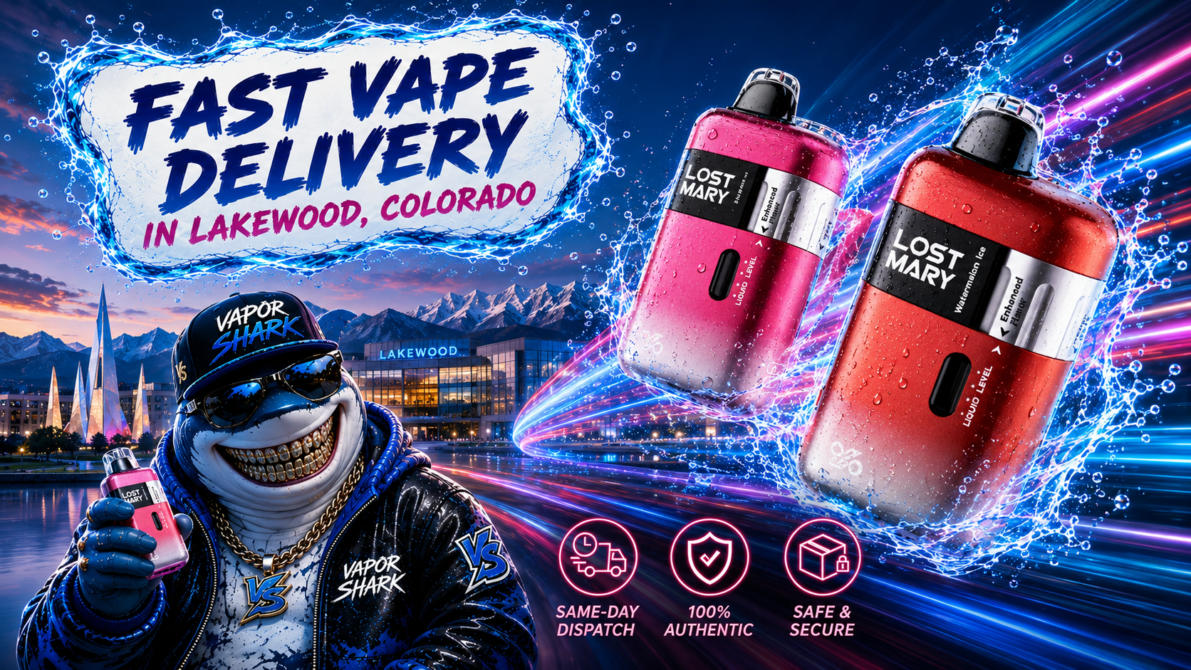 Lost Mary disposable vapes with water splashes, speed trails, and Vapor Shark delivery graphics.