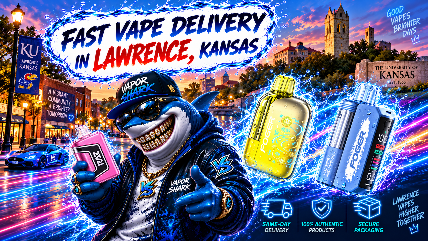 RAZ pink vape device with Vapor Shark branding, displayed alongside gold and blue FOGER models.