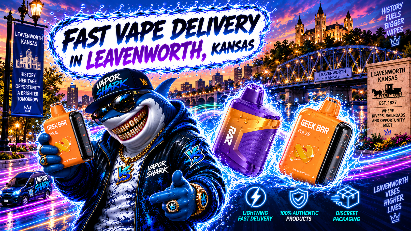 Geek Bar Pulse orange vape device with Vapor Shark branding, displayed alongside purple RAZ model in Leavenworth promotion.