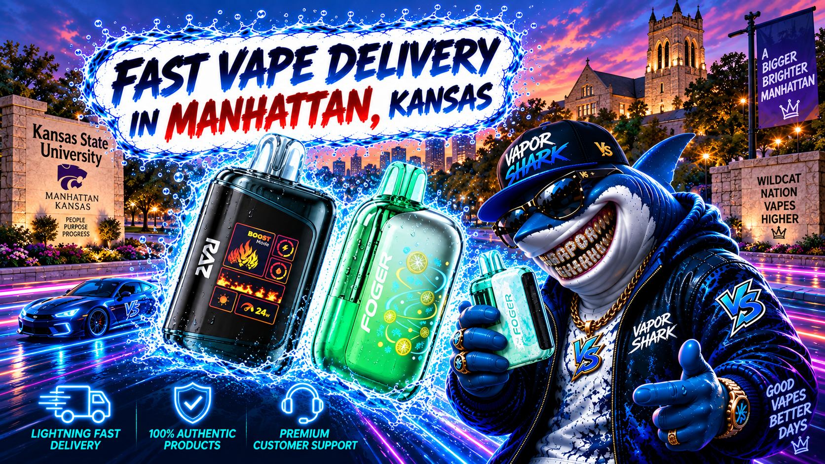 RAZ and FOGER vape devices displayed with Vapor Shark branding in Manhattan Kansas promotion.