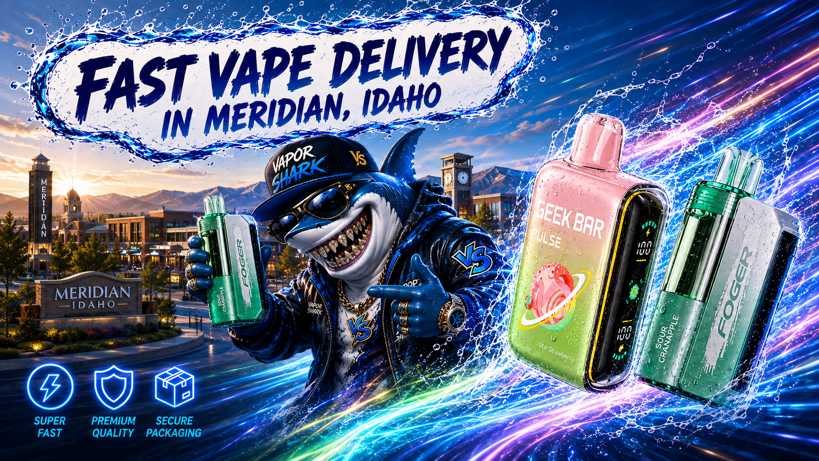 FOGER SOUR GREEN APPLE and GEEK BAR PULSE STAR STRAWBERRY vape devices with bright Meridian city backdrop.