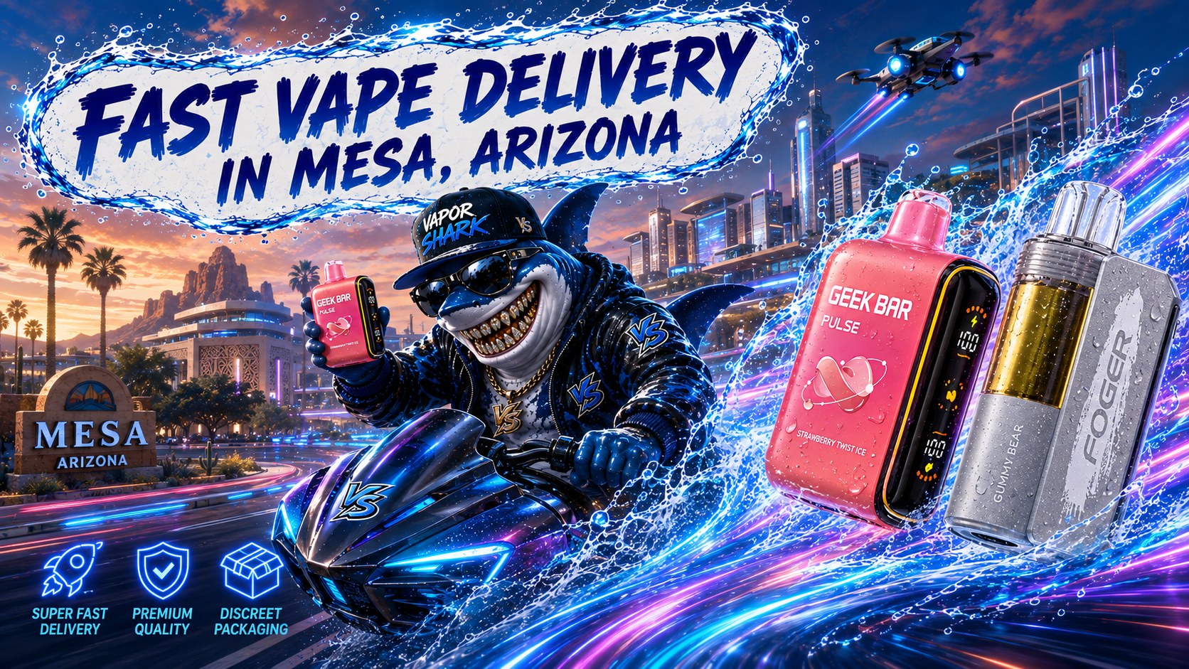 Pink Geek Bar Pulse Strawberry Twist Ice and silver Foger Gummy Bear vape devices with glowing energy effects over Mesa city backdrop.