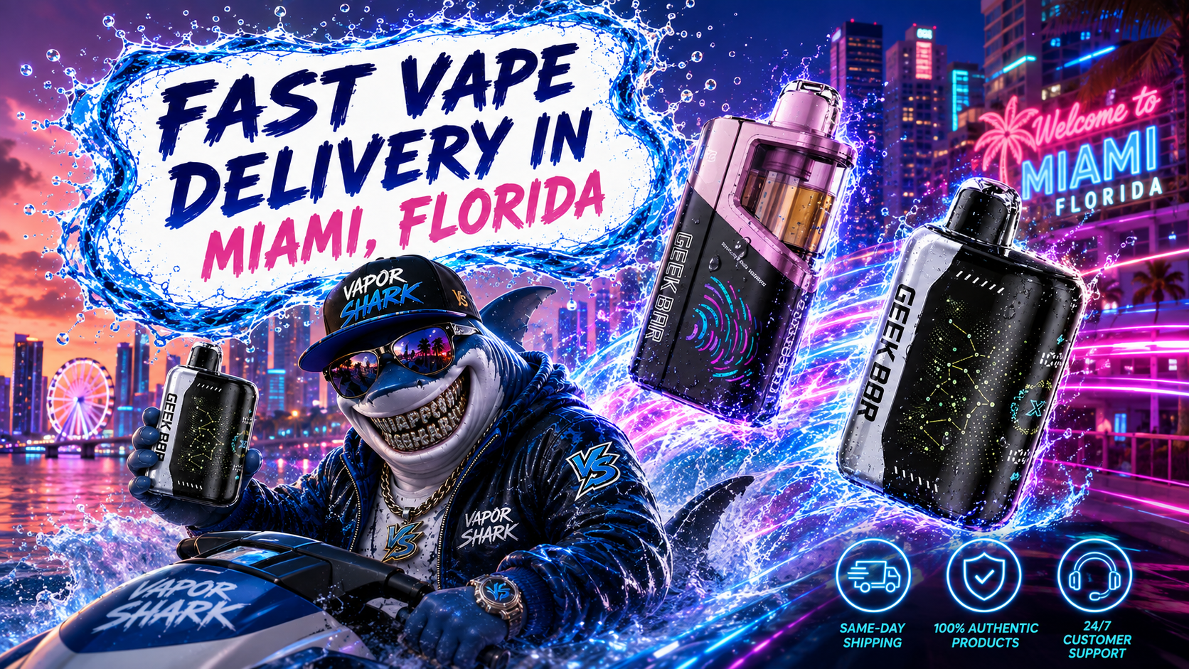 GEEK BAR vape devices highlighted with neon splash effects against a vibrant Miami city backdrop.