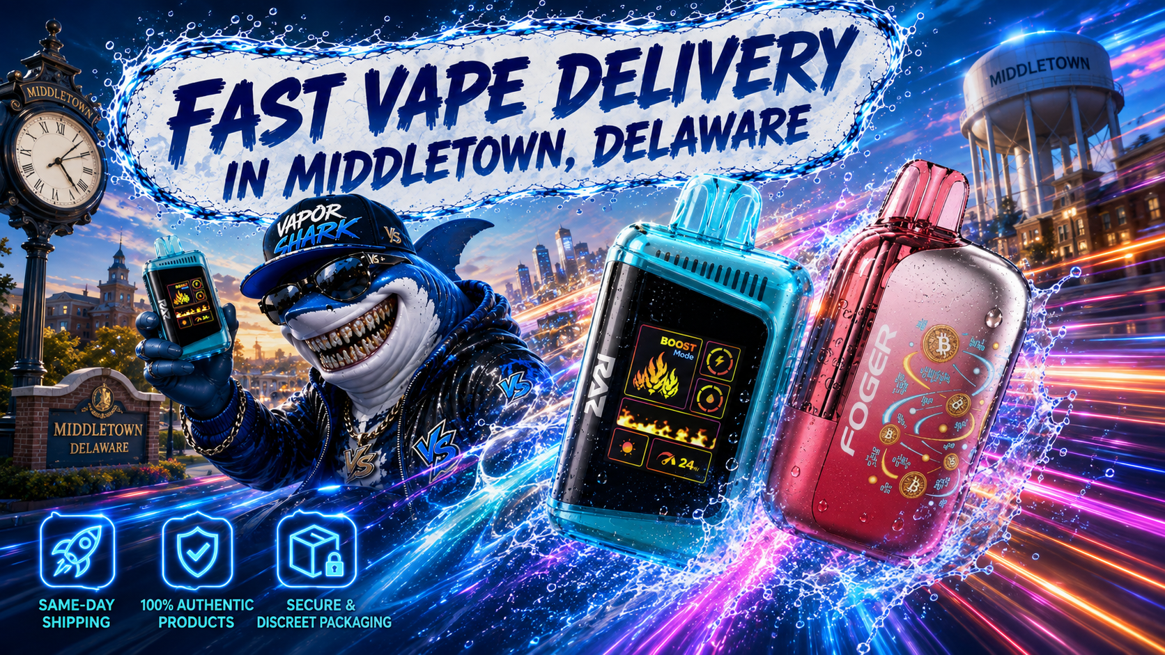 Blue and pink vape devices with Middletown city backdrop