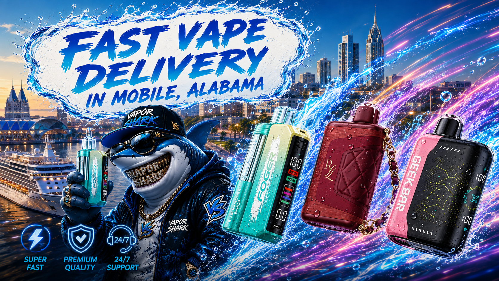 Colorful disposable vape devices with water splashes, speed effects, and a waterfront city skyline at sunset.