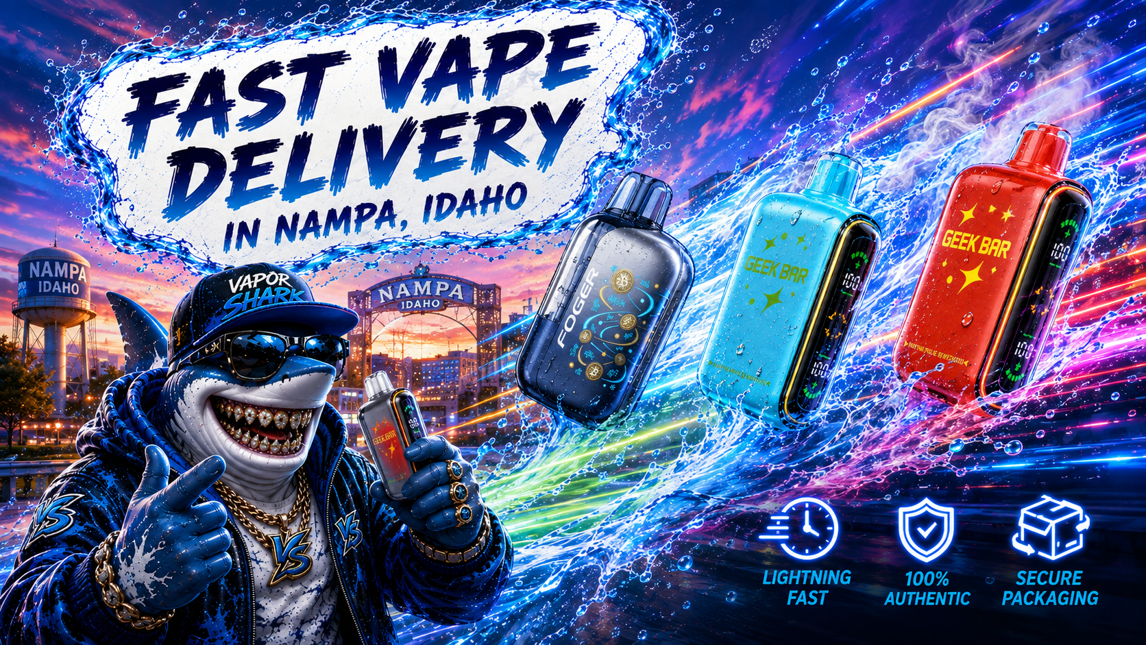 FOGER and GEEK BAR vape devices in bold blue and red designs with dynamic Nampa city sunset backdrop.