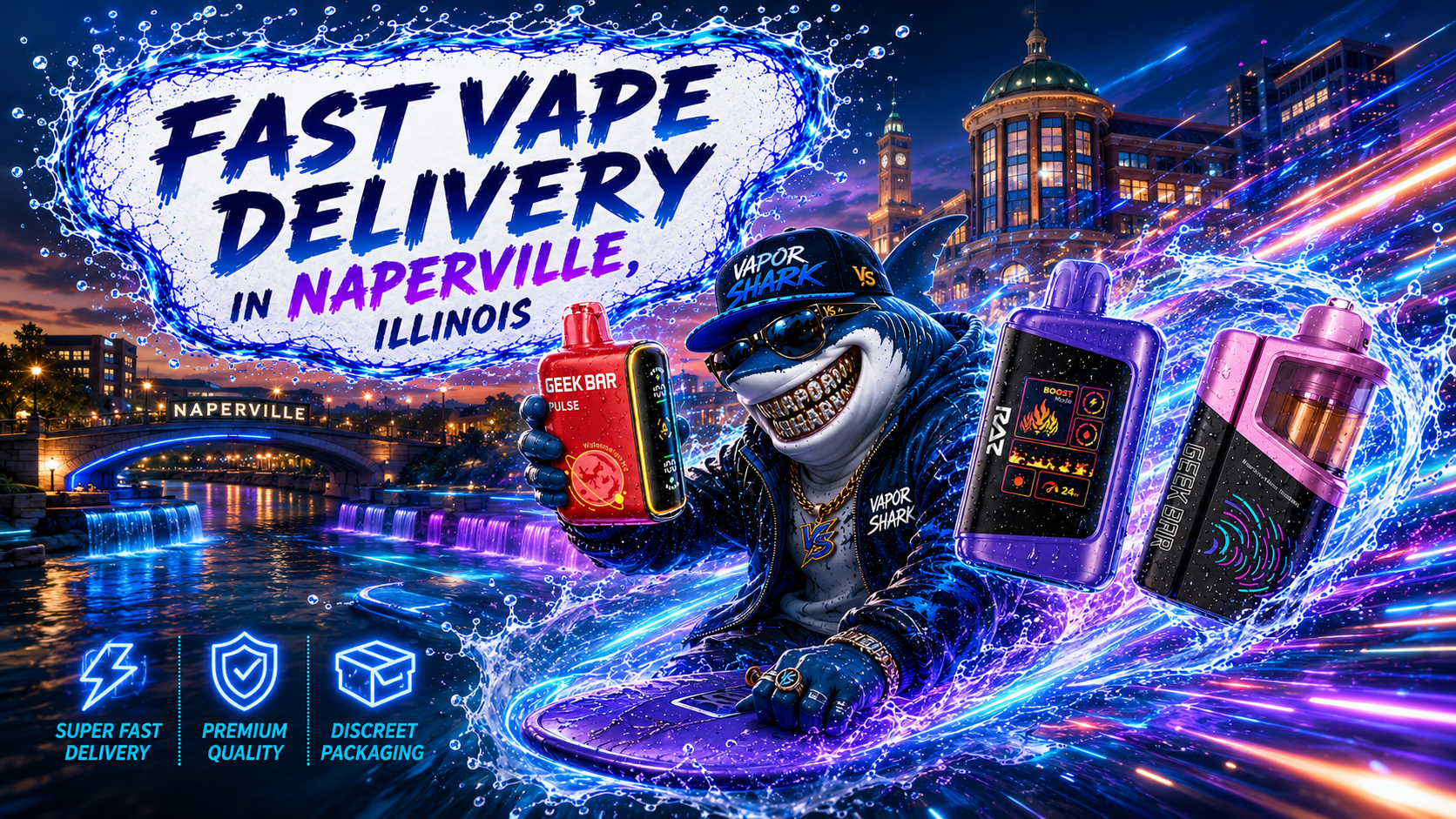 Red Geek Bar Pulse vape device with neon glow effects in Naperville cityscape background.