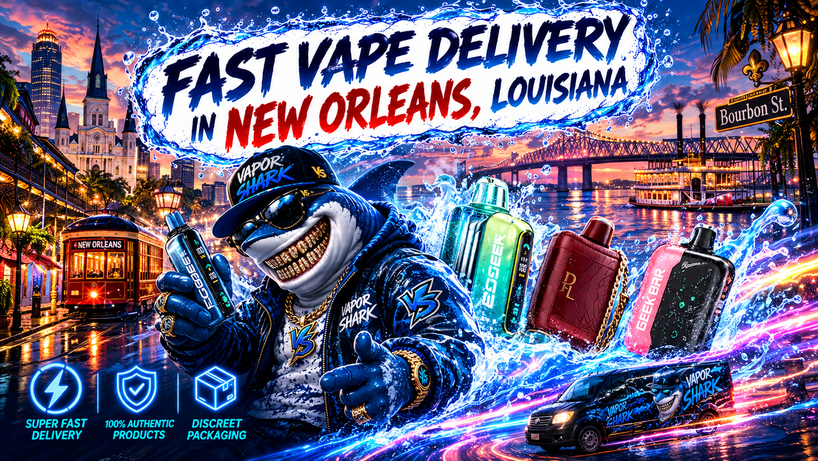 Geek Bar Pulse vape devices with Vapor Shark branding, featured in New Orleans Louisiana promotion.