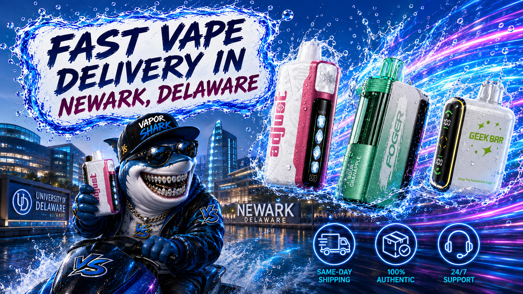 Vape delivery banner with shark mascot on jet ski, city backdrop, and product devices highlighted.