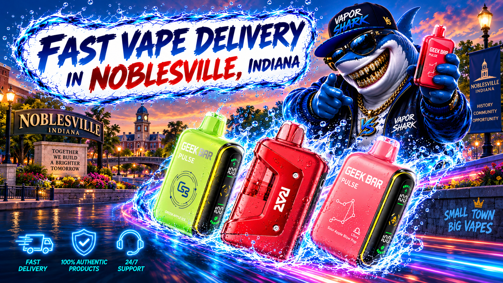 RAZ, FOGER, and Geek Bar Pulse vape devices with sleek colorful design and dynamic water splash effects