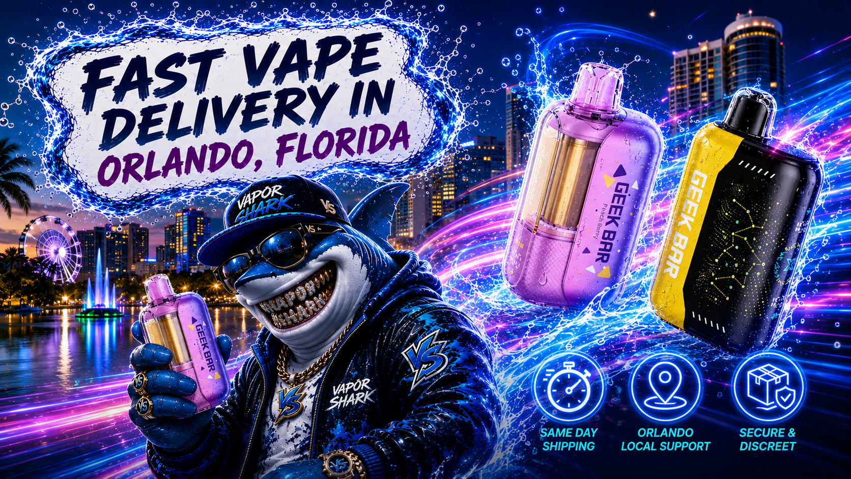 GEEK BAR purple vape device with additional black and yellow models highlighted by neon splash effects in Orlando backdrop.