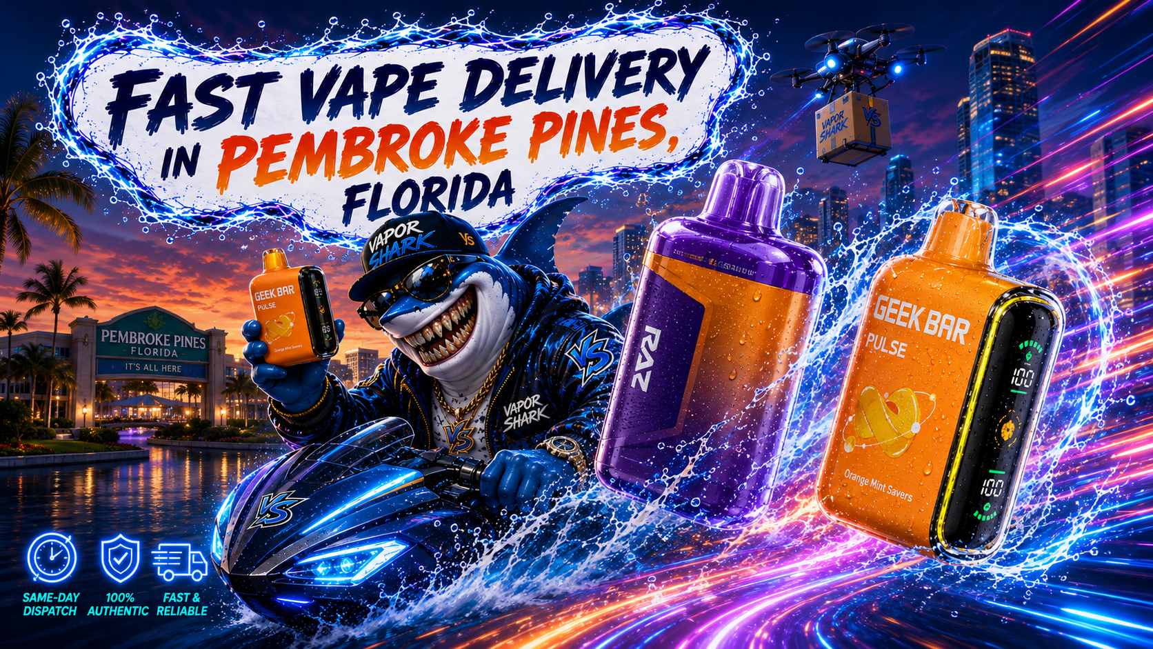 GEEK BAR PULSE orange Mint Savers vape device with RAZ purple model highlighted by neon splash effects against Pembroke Pines backdrop.