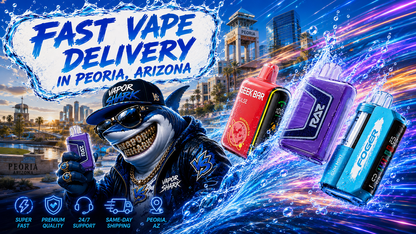 Geek Bar Pulse, Raz, and Foger Gum Mint vape devices displayed with vibrant Peoria city backdrop and Vapor Shark mascot.