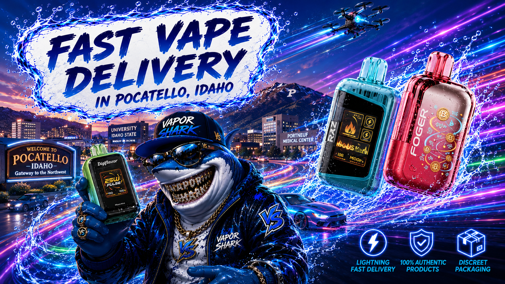 Digiflavor 25W Pulse green, RAZ blue, and FOGER red vape devices with vivid neon effects and Pocatello city backdrop.