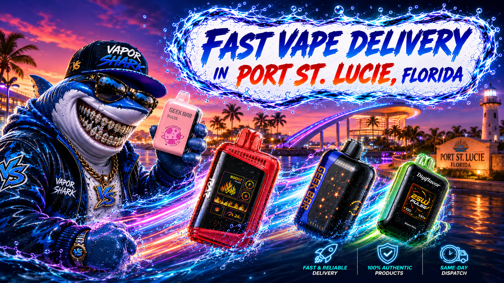 GEEK BAR PULSE pink lemonade vape device with TRAX red and Digiflavor green models highlighted by neon splash effects in Port St. Lucie backdrop.