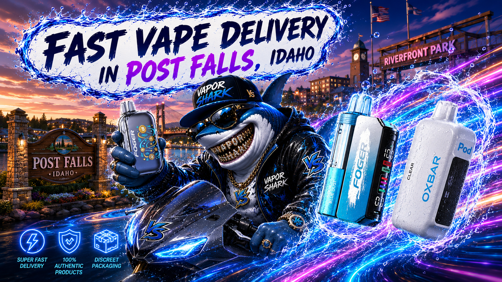FOGER, OXBAR, and Pod vape devices highlighted with neon motion effects against scenic Post Falls bridge and city backdrop.