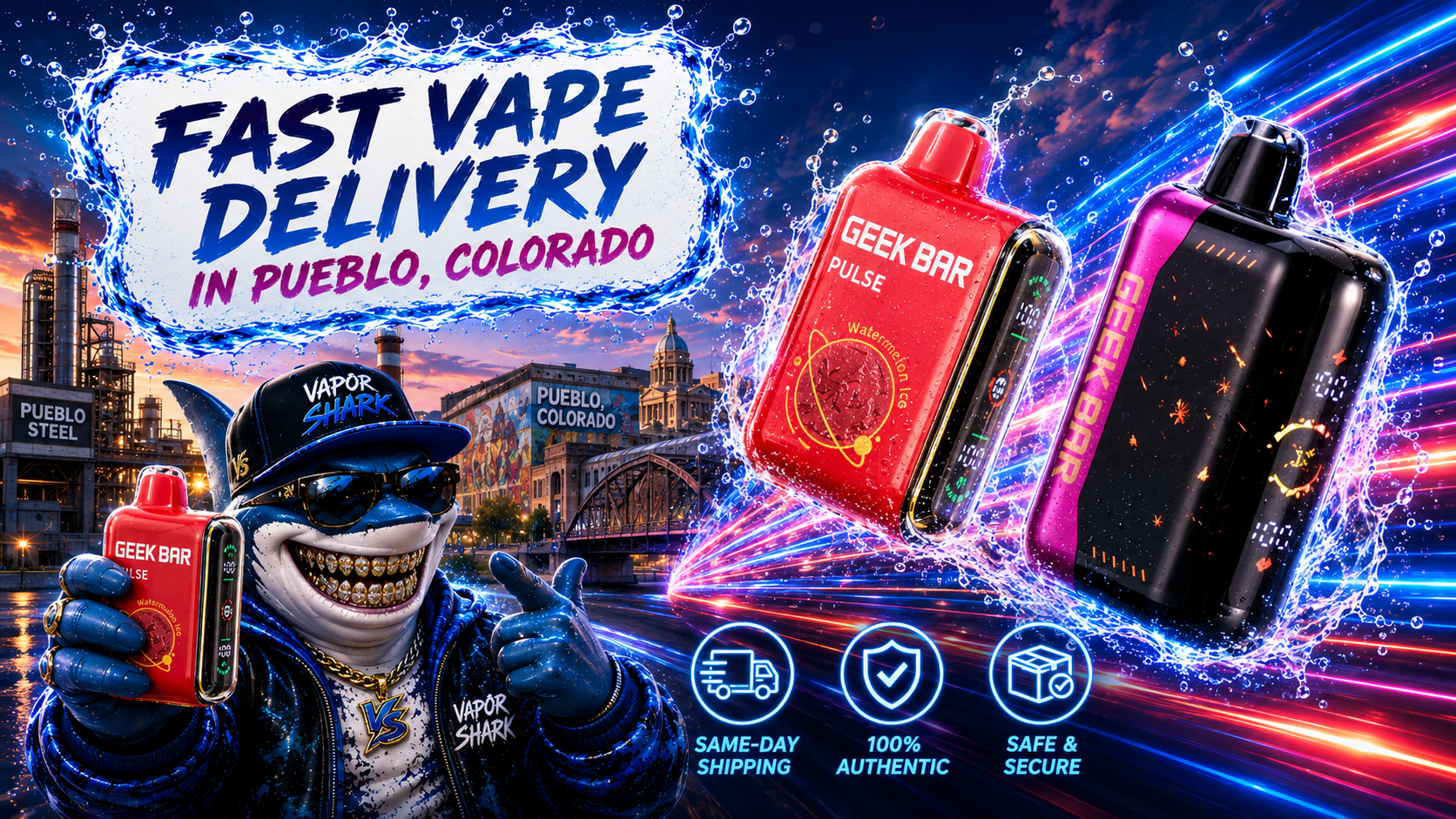 Red Geek Bar Pulse Watermelon Ice vape device displayed with black model and Vapor Shark mascot.
