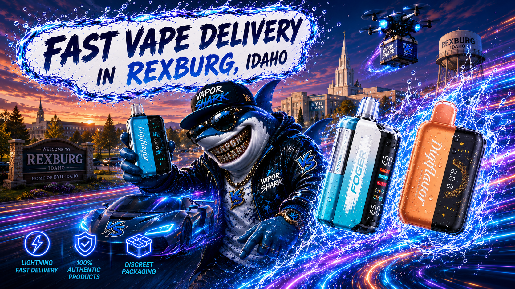 Digiflavor vape device highlighted with neon motion effects against Rexburg city backdrop featuring BYU-Idaho and water tower.