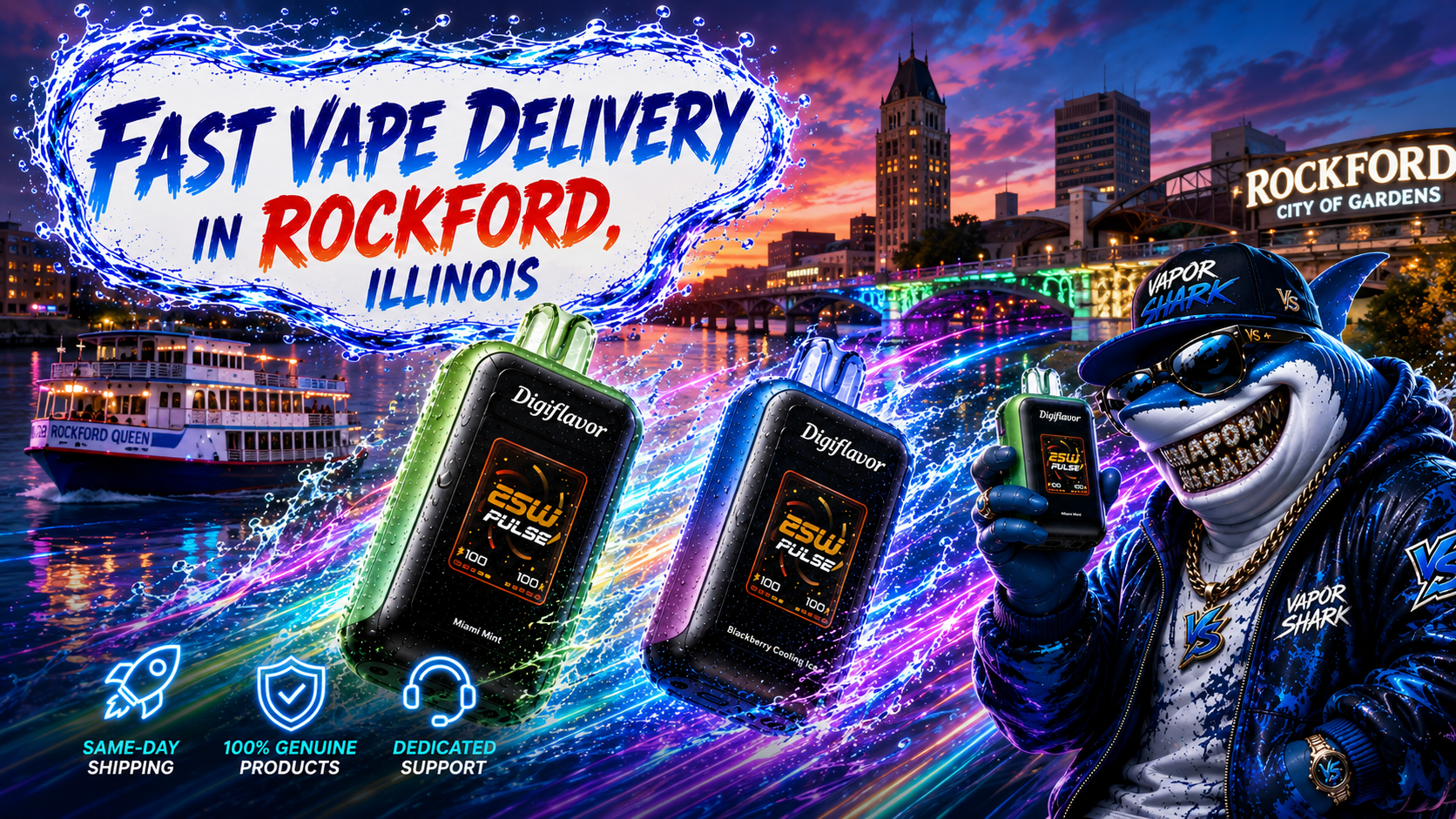 Digiflavor ESW Pulse vape devices Miami Mint and Blackberry Cooling Ice with neon glow in Rockford city backdrop.