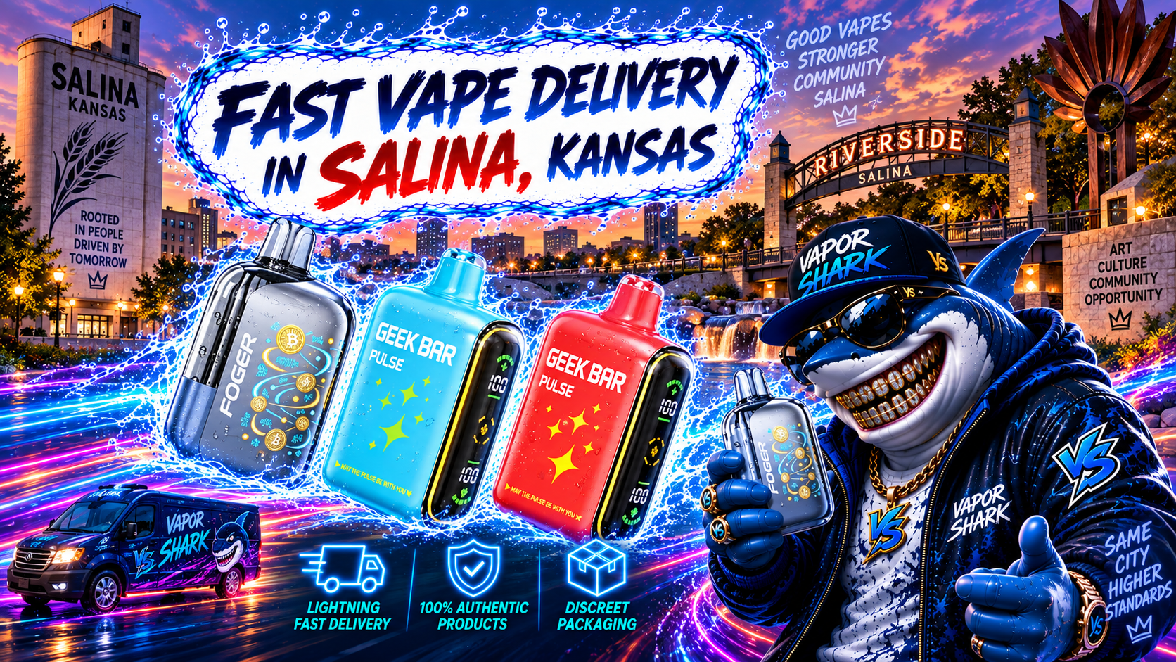 Geek Bar Pulse red and blue vape devices with digital display, shown alongside Vapor Shark branding in Salina promotion.