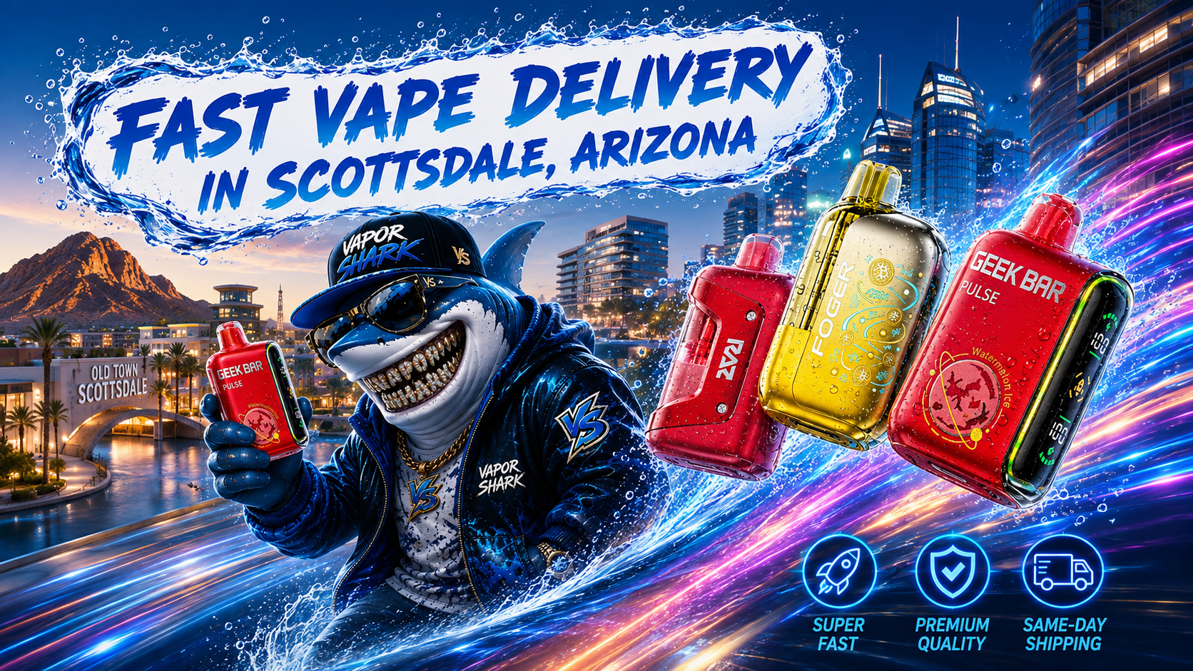 Red Geek Bar Pulse and silver Foger vape devices with glowing energy effects beside Vapor Shark character over Scottsdale city backdrop.