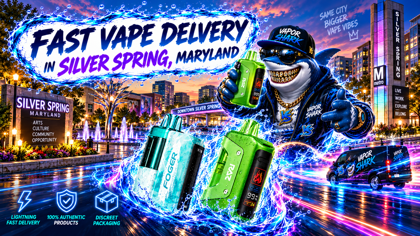 Green vape device with bold Vapor Shark branding, sleek neon design and dynamic Silver Spring city backdrop highlighting delivery theme.