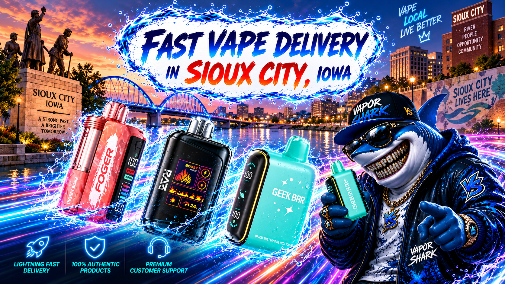 FOGER, RAY, and Geek Bar vape devices with sleek colorful design and dynamic splash effects