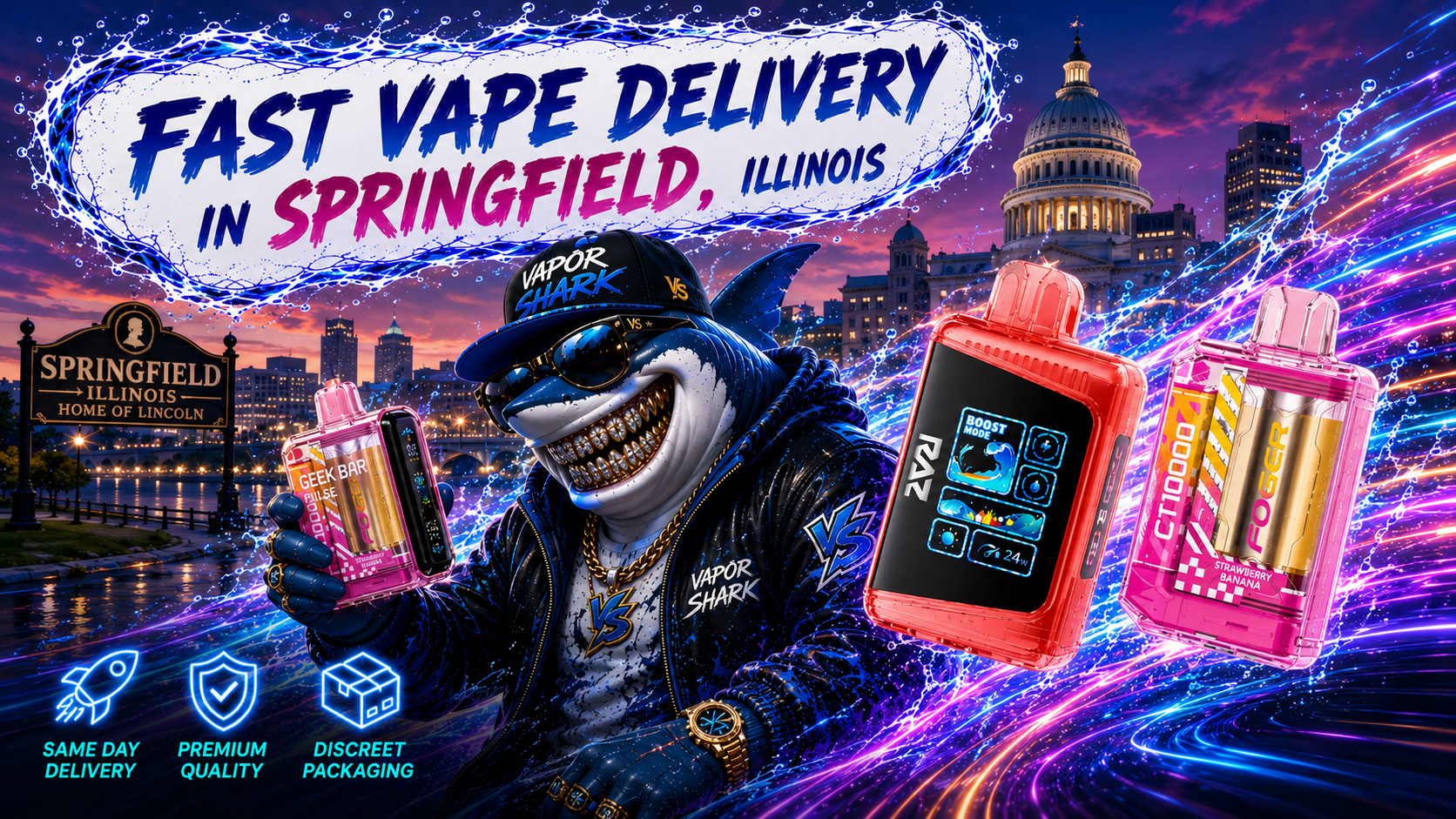 Pink Geek Bar Pulse and RAZ vape devices with Foger CT10000 Strawberry Banana glowing in Springfield city backdrop.