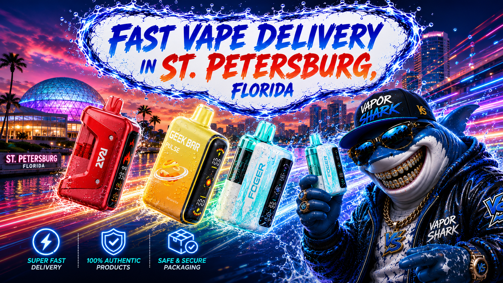RAZ, GEEK BAR PULSE, and FOGER vape devices highlighted with neon splash effects against St. Petersburg city backdrop.