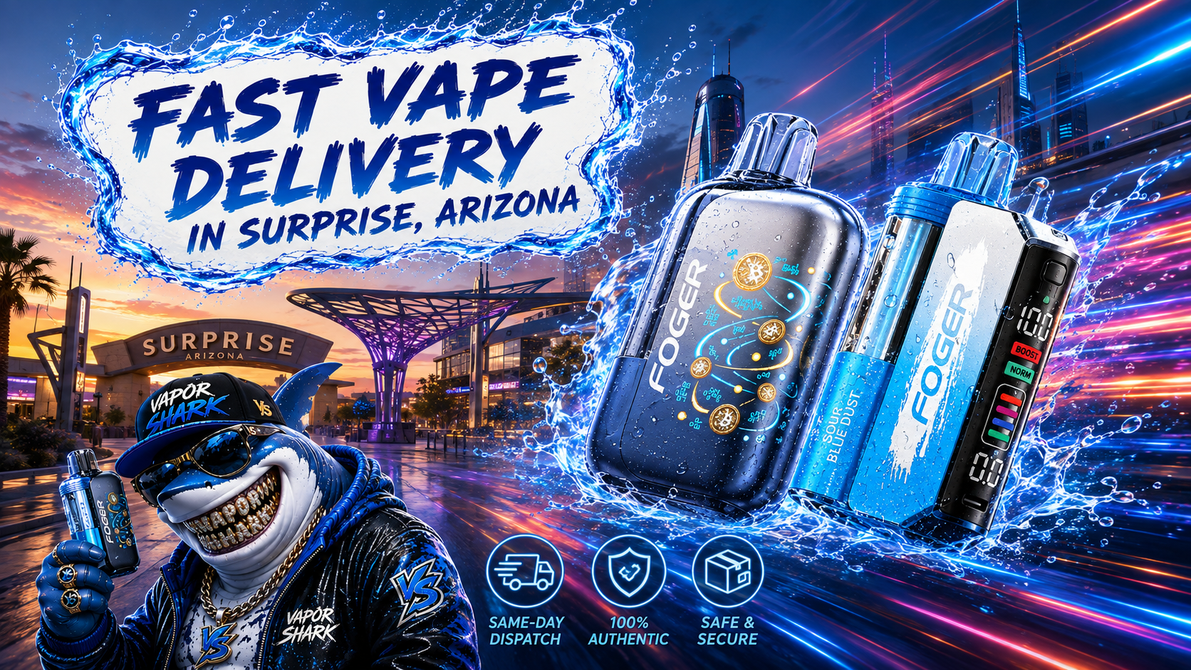 Foger vape devices showcased with vibrant Surprise city backdrop and Vapor Shark mascot.
