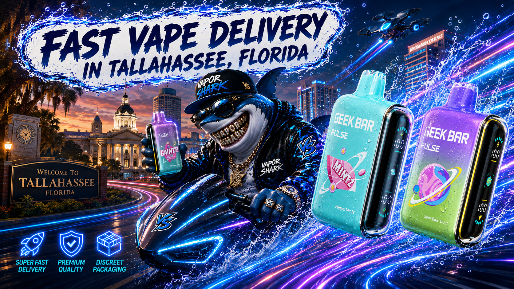 GEEK BAR PULSE Gainer vape device with Mintz turquoise and Sour Blue Dust purple models highlighted by neon splash effects in Tallahassee backdrop.