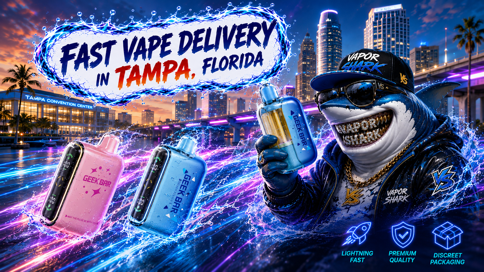 GEEK BAR vape device highlighted with neon splash effects against Tampa city skyline backdrop.