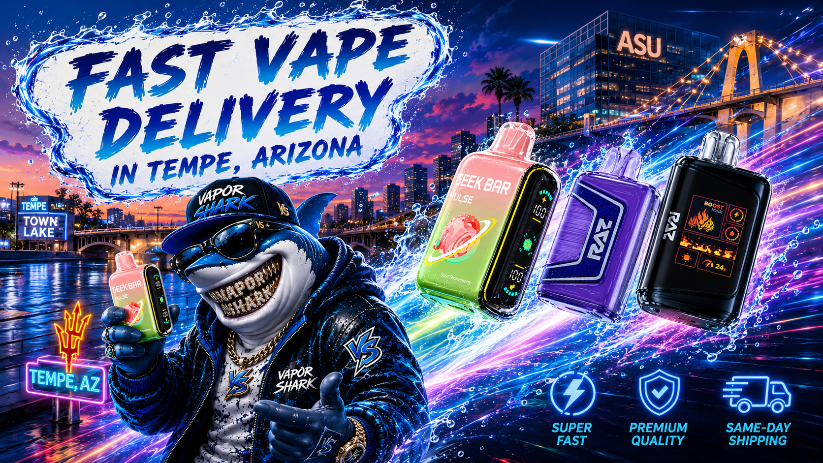 Geek Bar Pulse and Raz vape devices showcased with neon Tempe city backdrop and Vapor Shark mascot.