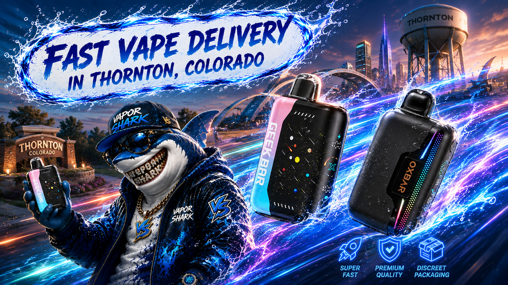 Geek Bar and OXBAR disposable vapes with water splashes, droplets, and colorful speed trails.