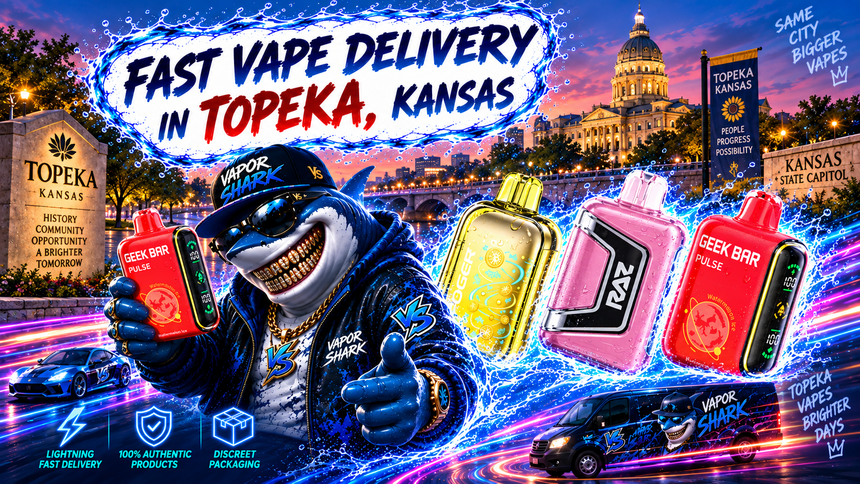 Geek Bar Pulse red vape device with Vapor Shark branding, shown alongside colorful RAZ and ROGER models.