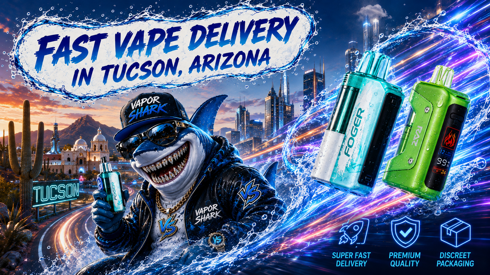 Purple Foger and pink Zvai vape devices with glowing energy effects beside Vapor Shark character over Tucson city backdrop.