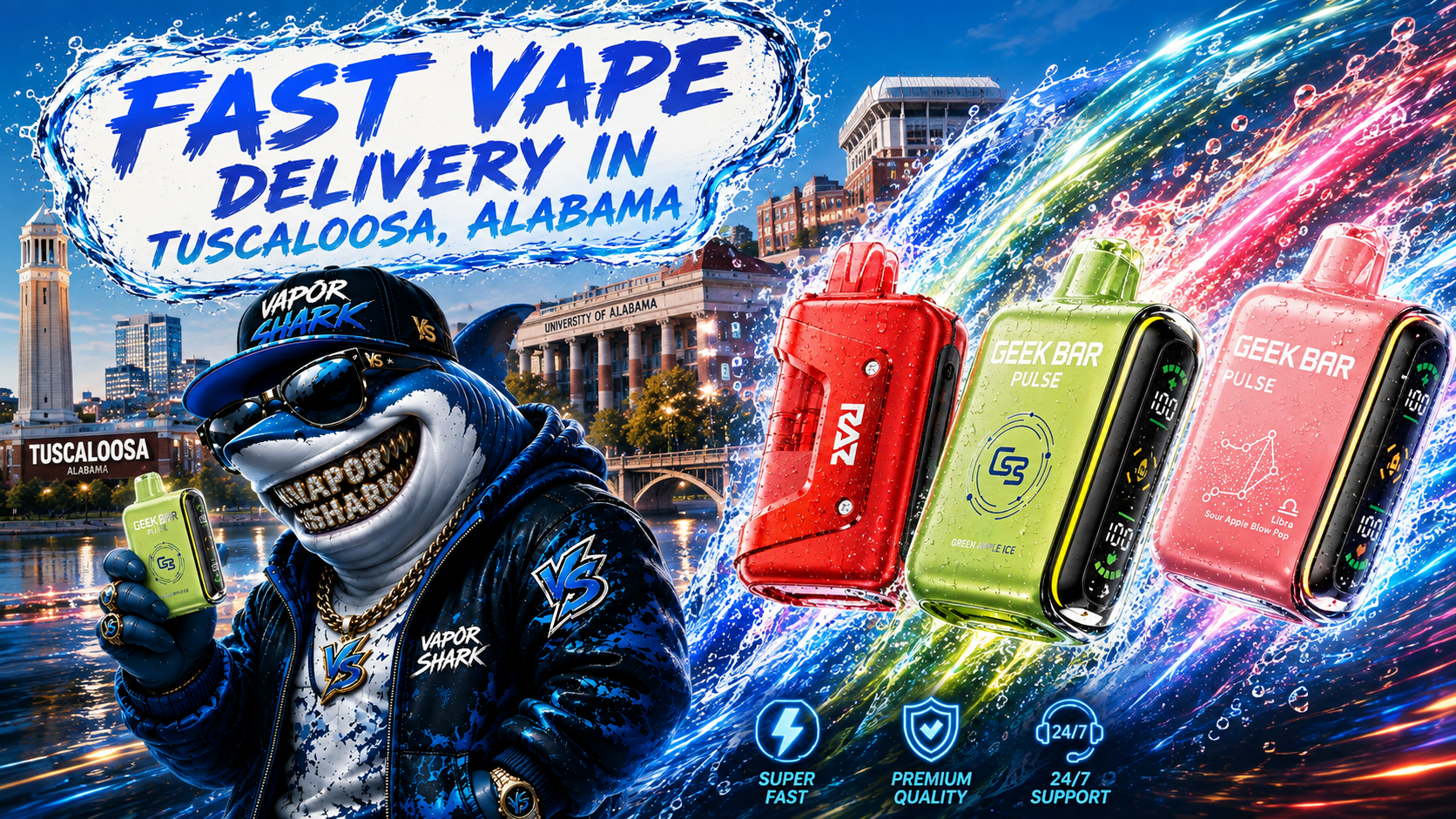 Colorful disposable vape devices with water splashes, vibrant motion effects, and a Tuscaloosa waterfront skyline.