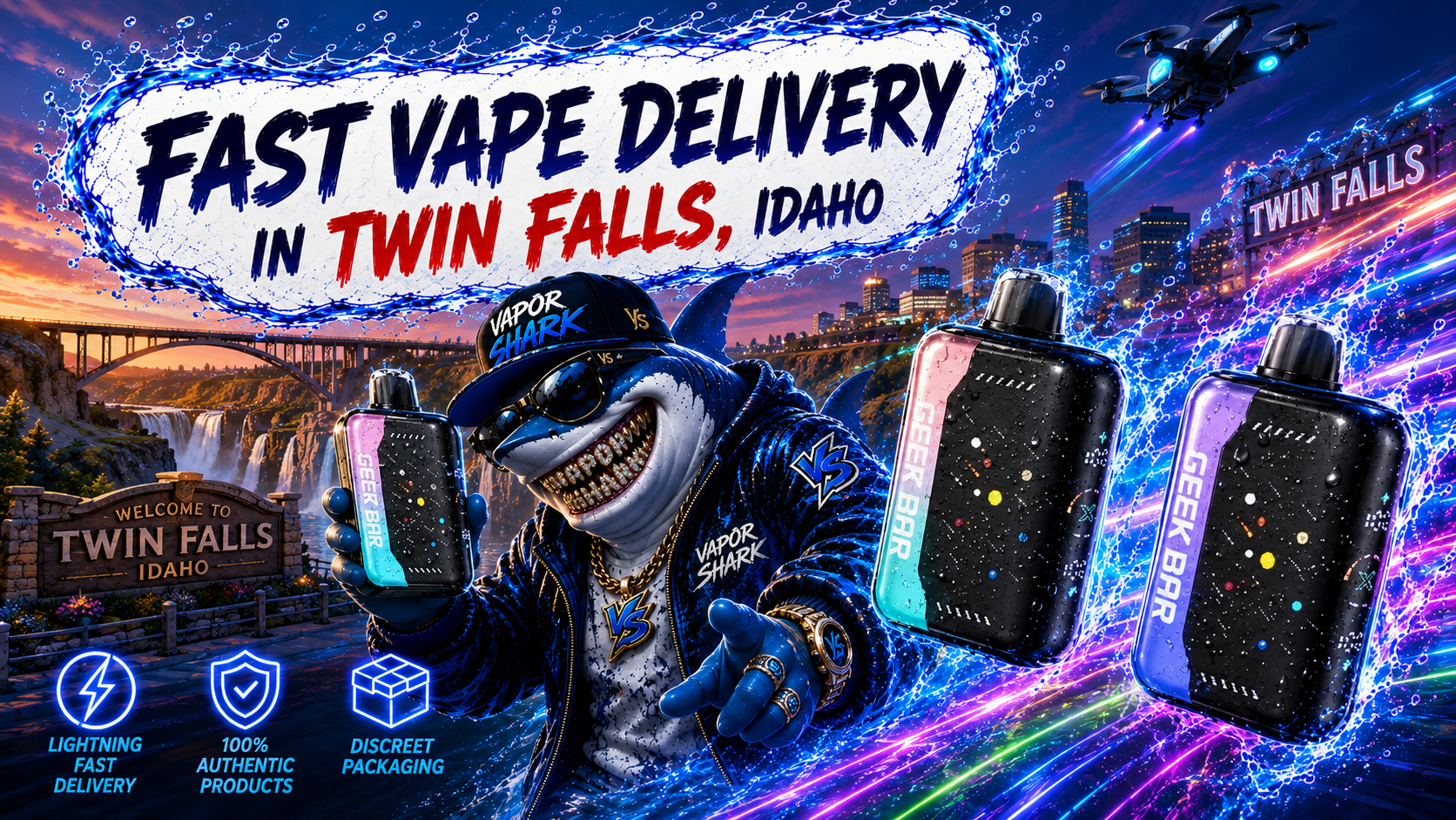 GEEK BAR blue and purple vape devices highlighted with neon splash effects against Twin Falls waterfall and city backdrop.