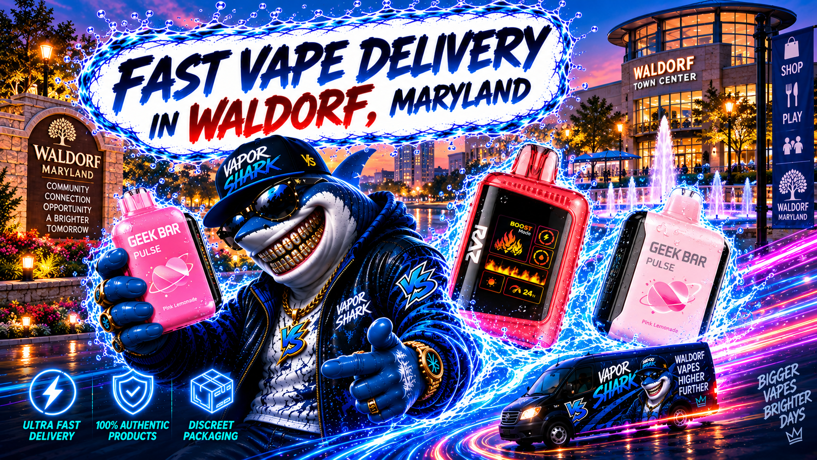 Geek Bar Pulse Pink Lemonade and RAZ Boost Mode vape devices with Vapor Shark branding shown in vibrant Waldorf city backdrop.