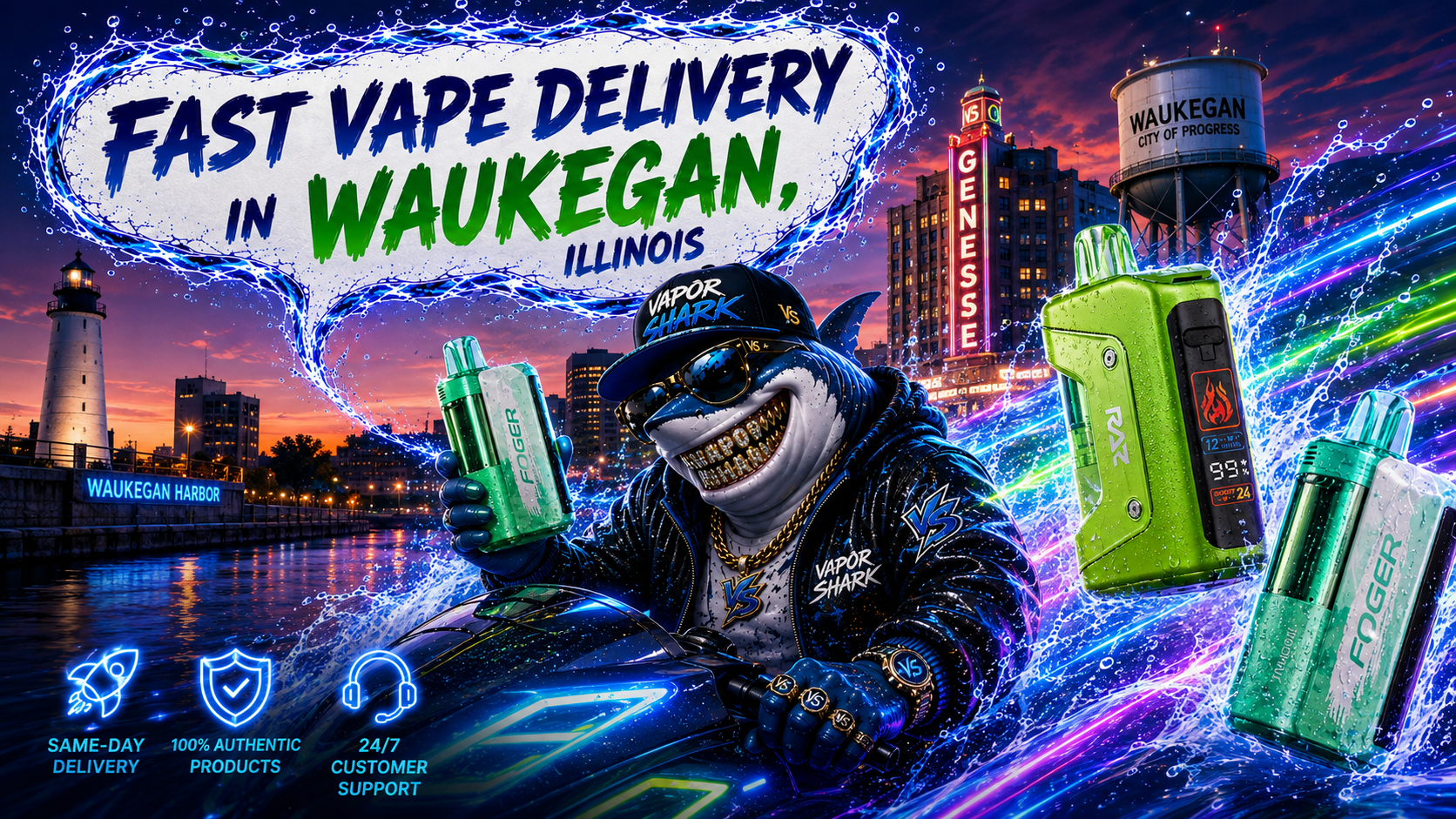 Green Foger vape device with digital display shown in Waukegan city neon backdrop