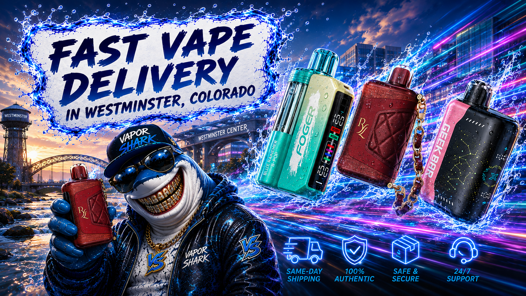 Foger, RYL, and Geek Bar vape devices with Vapor Shark mascot over Westminster city backdrop